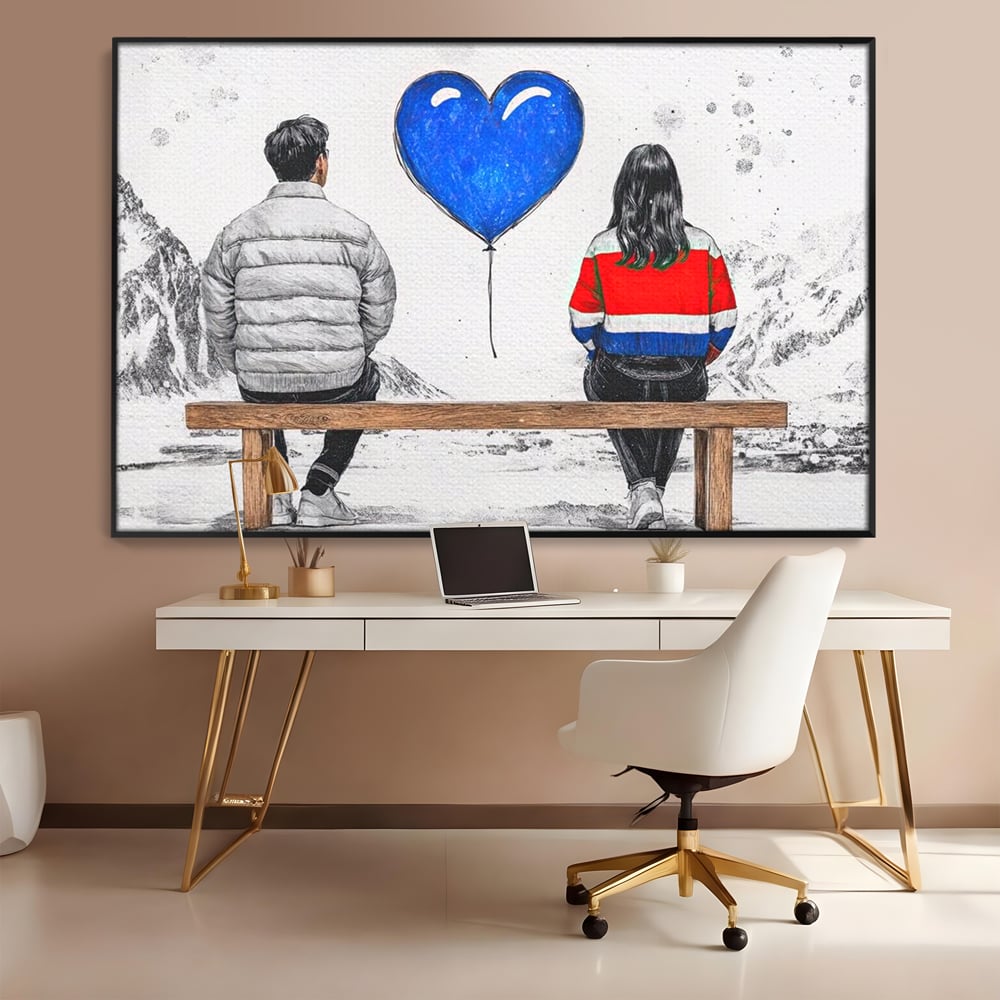 Tablou canvas cu ilustratie cu doi tineri pe banca, in rama de aluminiu negru, pe perete intr-un birou